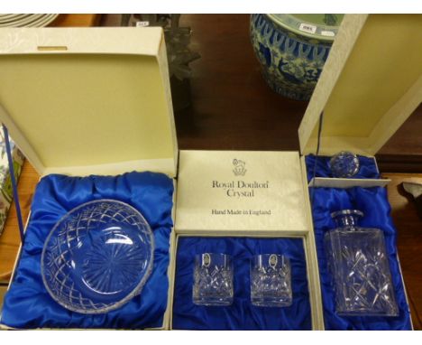 Three Boxed Royal Doulton Cut Glass Items - Decanter, Bowl and Pair of Whiskey Tumblers