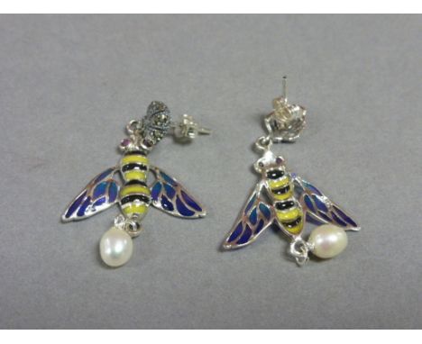 Pair of silver enamel and freshwater pearl bee shaped earrings