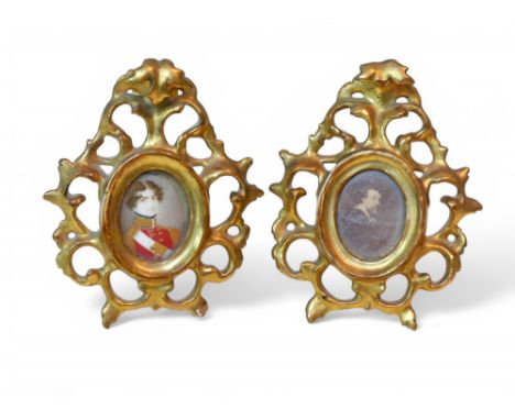 A 19th century portrait miniature of a gentleman in military uniform, in rococo style giltwood frame, verso ink 'Luca Cranak'
