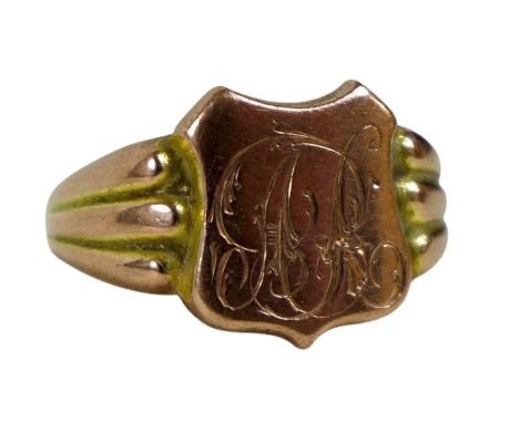 A 9ct rose gold signet ring, monogram engraved, shield 13 by 11mm, size Q/R, 6.6g.