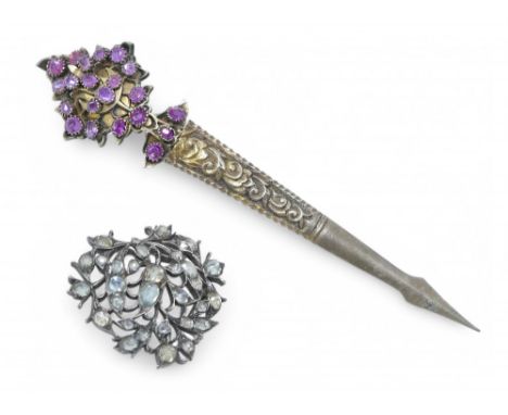 A 19th century gilt metal Konda Koora ruby hair pin, with twenty-one rubies, 12cm long, and a brooch/pendant, inlaid with whi