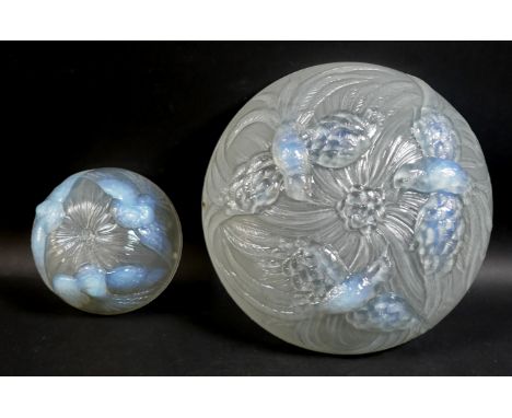 An opalescent glass plafonnier, in Lalique style, moulded with three birds, 34 by 9.5cm, together with another similar smalle