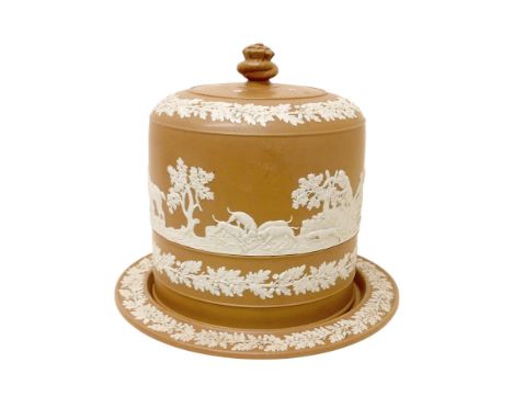 A large 19th century Wedgwood Jasperware style brown Stilton dish and cover, with oak leaf and acorn border and continuous fr
