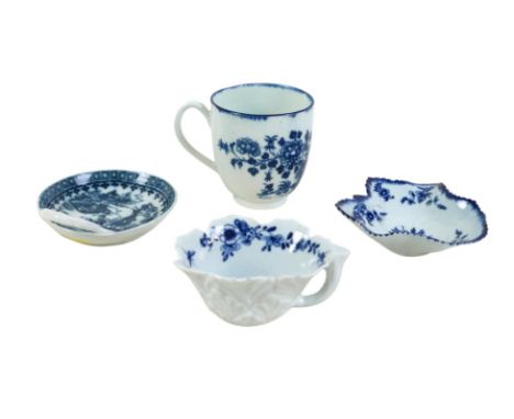 A group of 18th century blue and white porcelain, comprising a Worcester butter boat, circa 1760, relief moulded and decorate