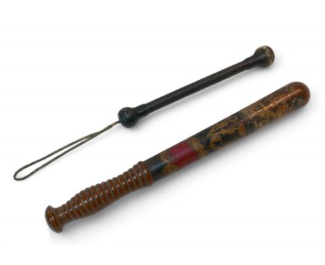 A Victorian Police Truncheon, painted with the 'VR' insignia 38cm long,  and later a cosh, 26cm (excluding its string handle)