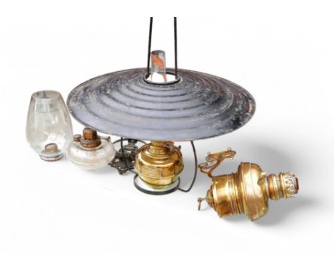 A Railway Station brass and enamel oil lamp and two other oil lamps, the railway lamp with a plaque for ALLINGTON JCT SIG BOX