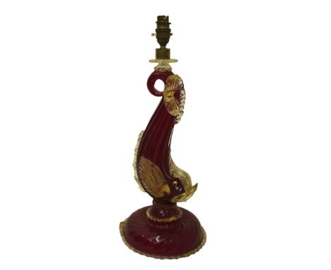 A Venetian ruby and gilt glass dolphin table lamp, 20cm diameter by 49cm high.