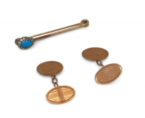 A pair of 9ct gold cufflinks and a 9ct gold stick pin, 6.9g overall. (1 bag)