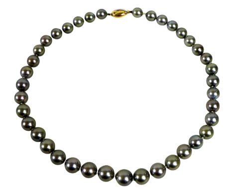 A Tahitian black cultured pearl necklace, with thirty nine beads graduating in size from 10.0mm to 11.9mm and an 18ct yellow 