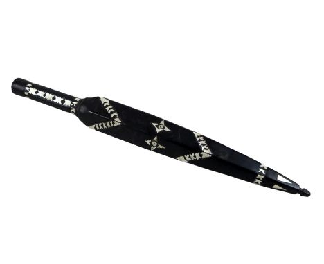 A mother of pearl inlaid ebony ceremonial dagger, possibly south sea islands, 4 by 3 by 37cm long.