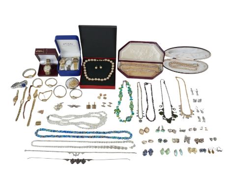 A collection of costume jewellery, including a pair of 9ct yellow gold earrings, each set with an oval opal, 6.5 by 4.5mm, Fr