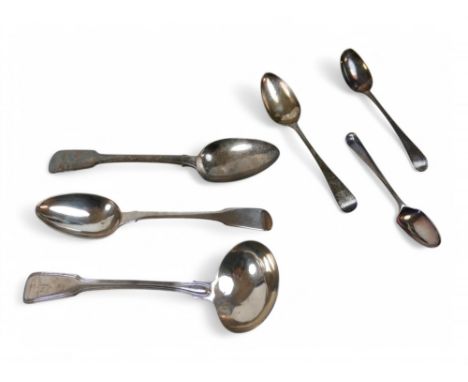 Six George III and later silver spoons, including a George III ladle, Thomas Wilkes Barker, London 1810, approximately 5.9toz