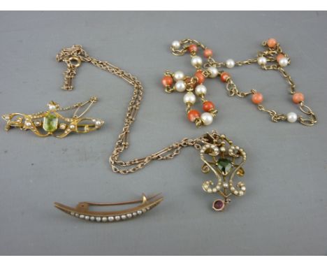 Two gold seed pearl and peridot set brooches, a similar unmarked double scroll pendant on nine carat gold chain and a nine ca
