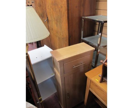 Metal and glass shelving unit, slim white shelving unit, light wood cabinet and a brass effect standard lamp E/T (a parcel)