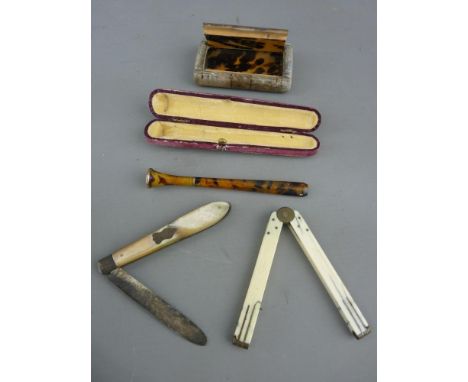 Wooden snuff box with tortoiseshell interior, a mother of pearl silver bladed fruit knife, a brass mounted bone folding rule 