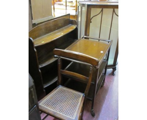 Oak four shelf bookcase, three tier trolley and single door display cabinet etc