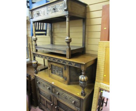 Carved buffet cupboard and a two tier, two drawer console table