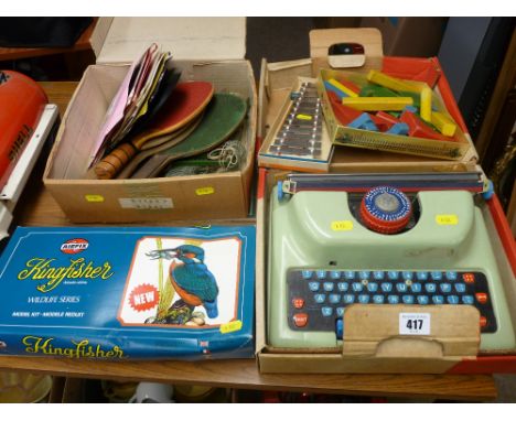 Mettoy child's typewriter, an unused Airfix Kingfisher model kit, other vintage toys and games and a small quantity of 45rpm 