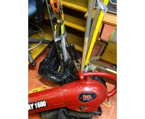 Power Devil Fairway 1600 leaf blower and a parcel of long handled garden tools and bow saws etc E/T