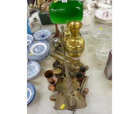 Vintage style brass and green glass desk lamp and a mixed quantity of brass and other metalware