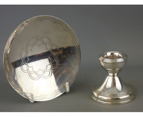 Hallmarked silver squat candlestick and a small pedestal dish