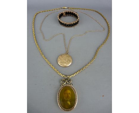 Unmarked and untested photograph pendant on yellow metal chain, a yellow metal locket on nine carat gold chain and a Victoria