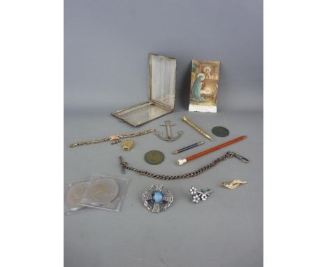 White metal cigarette case with engine turned decoration, a small selection of jewellery etc