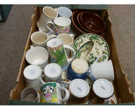 Selection of pottery and china mugs, a Masons Chartreuse cup and saucer, a Poole pottery hand painted vase etc