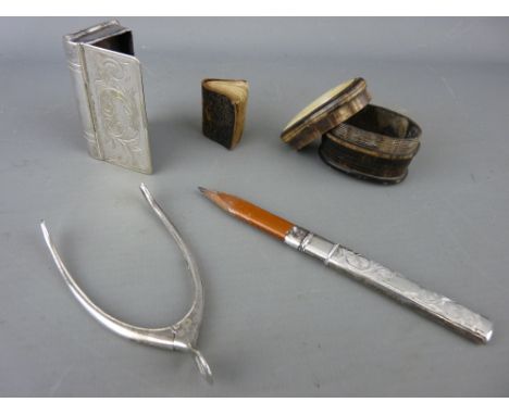 Pair of silver wishbone tongs, a chased silver pencil, an EPNS snuff box and a horn example containing a miniature 1824 Testa