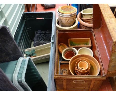 Parcel of pottery, stone, plastic and terracotta planters, metal tin trunk and plastic garden storage box