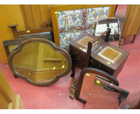 Polished wood cantilever sewing box with leather tooled top and a parcel of mirrors along with a light wood fireguard etc