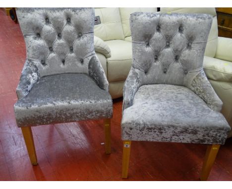 Pair of modern silver/grey velour upholstered button backed chairs