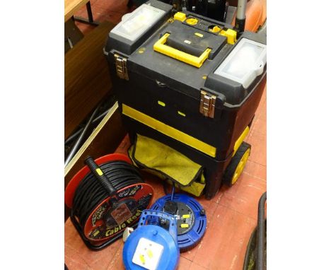Plastic wheeled mobile toolbox and contents and three cable reel extension leads E/T