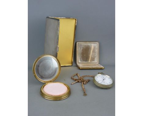 White metal cigarette case with engine turned decoration, two vintage compacts and a base metal gent's pocket watch on gold c