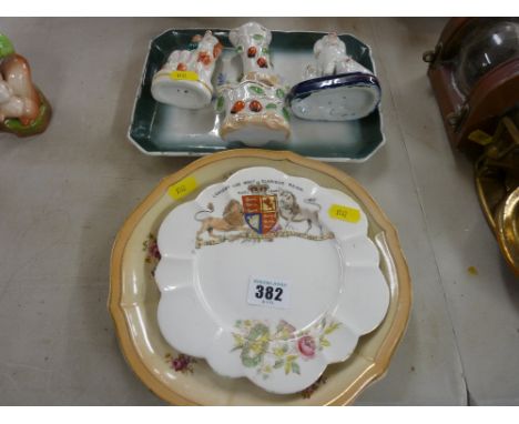 Wileman &amp; Co commemorative plate, a floral decorated plate and a tray, two Staffs dog figurines and two German vases