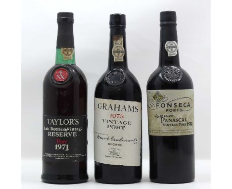 Graham's vintage port, 1975, one bottle; Quinta do Panascal vintage port, 1988, one bottle; and Taylor's LBV reserve port, 19