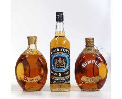 Dimple Scotch whisky, 26⅔fl.oz, 70º proof, two bottles (one in carton); and Blair Athol 8 year old pure malt Scotch whisky, 7