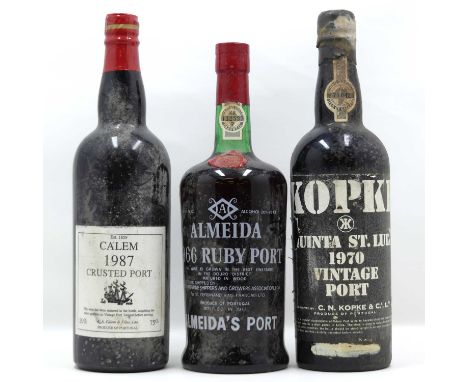 Kopke Quinta St. Luiz vintage port, 1970, one bottle; Almeida ruby port, 1966, one bottle; and Ca'lem crusted port, 1987, one