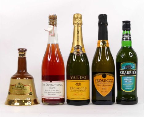 Crabbies Green Ginger Wine, 70cl, 13.5%, one bottle, Bells Celebration Scotch in Wade decanter, 37.5cl, 40%, one bottle, La B