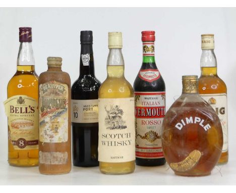 Mixed lot to include one bottle each of Dimple whisky, Bell's 8 year old Scotch whisky, Haig fine old Scotch whisky, Waitrose