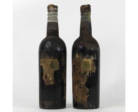 Two bottles of vintage sherry, believed to be for the Kings Coronation 1937, labels largely disintegrated and major losses to