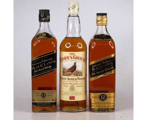Johnnie Walker Black Label 12 year old Scotch whisky, 70cl, 40%, two bottles (one in carton); and The Famous Grouse blended S