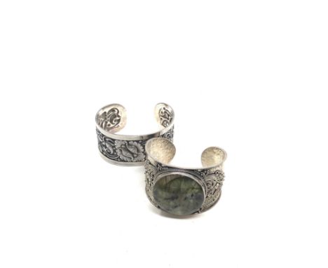 2 X Vintage Sterling Silver Ornate Bangles Including Labradorite (120g)