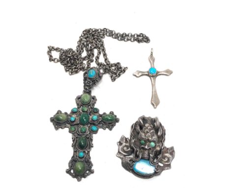 3 X Vintage Sterling Silver Ornate Turquoise Detailed Jewellery (44g)