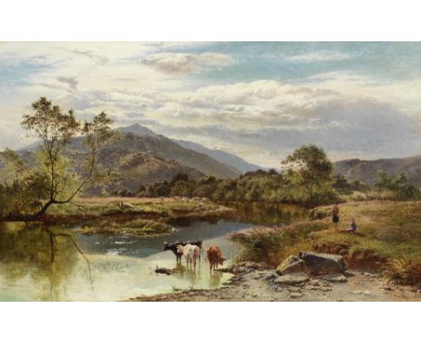Sidney Richard Percy (British, 1821-1886)River landscape with cattle watering signed and dated 'S R Percy. 1870' (lower right