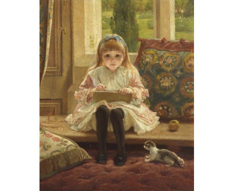 Frederick Goodall, RA (British, 1822-1904)Portrait of Rica sitting in the bay window of Graeme's Dyke with pencil in hand and