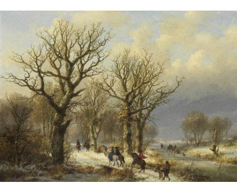 Johann Bernard Klombeck (Belgian, 1815-1893)Dutch winter scene with figures an woodland path and skaters on a frozen stream s
