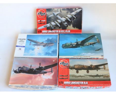 Five 1/72 scale Avro Lancaster plastic model kits to include Hasegawa Dambuster (no decals), Tirpitz Raid, Grand Slam and Air