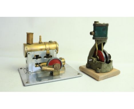 Two model stationary steam engines (no makers marks) to include a single cylinder vertical engine (H17cm) and another brass a