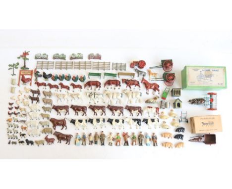 Collection of vintage farm themed hollow cast metal figures, animals and accessories to include W.Britain's and J. Hill & Co 